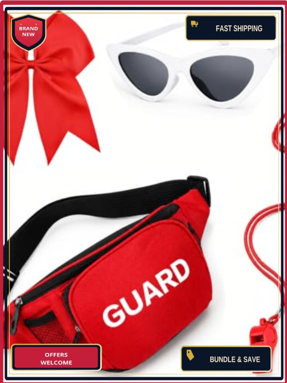 4Pack Guard Costume Kit Red Headband Sunglasses Whistle Fanny Pack Women